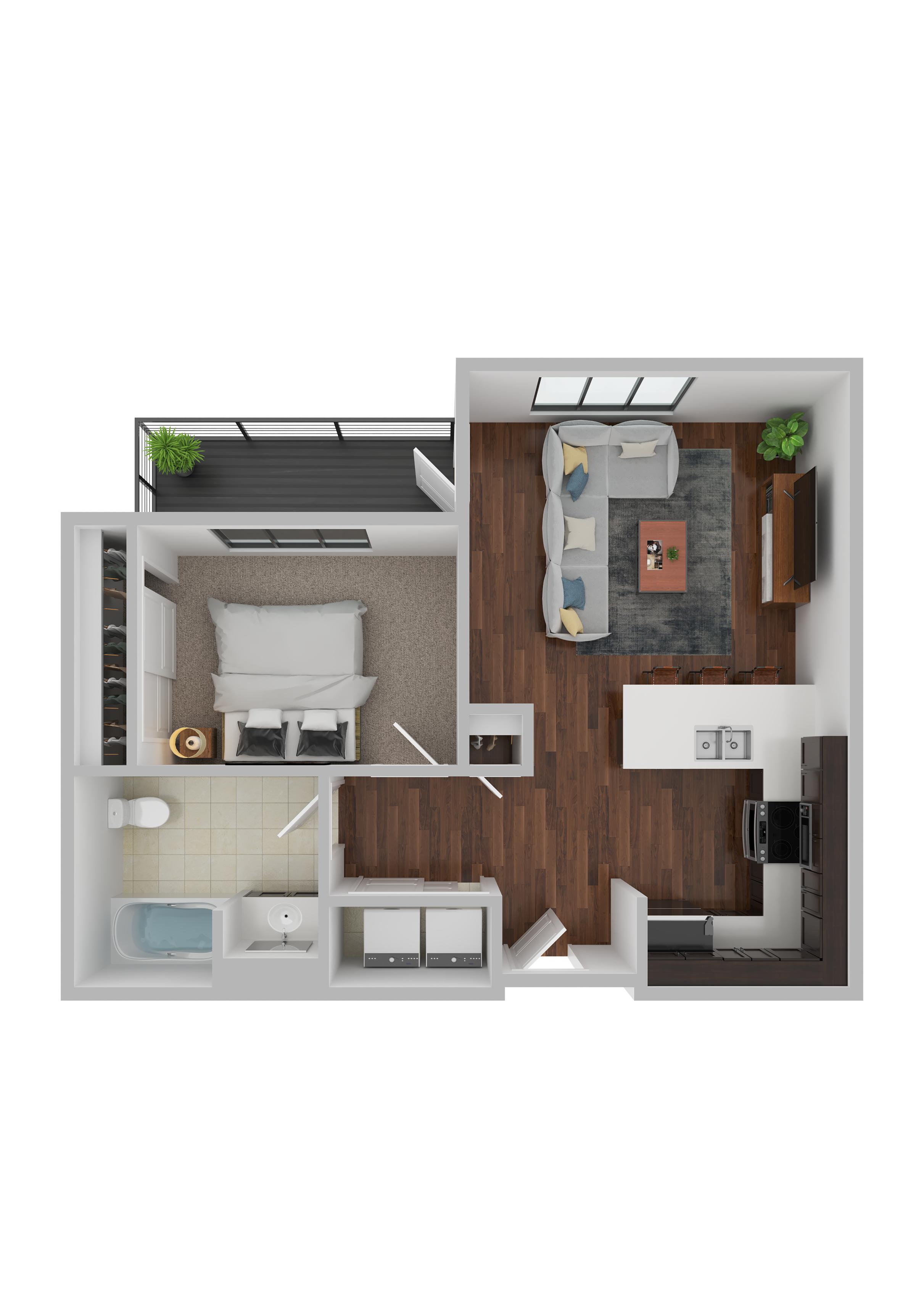 Floor plan for 1 bed, 1 bath, 594 sqft